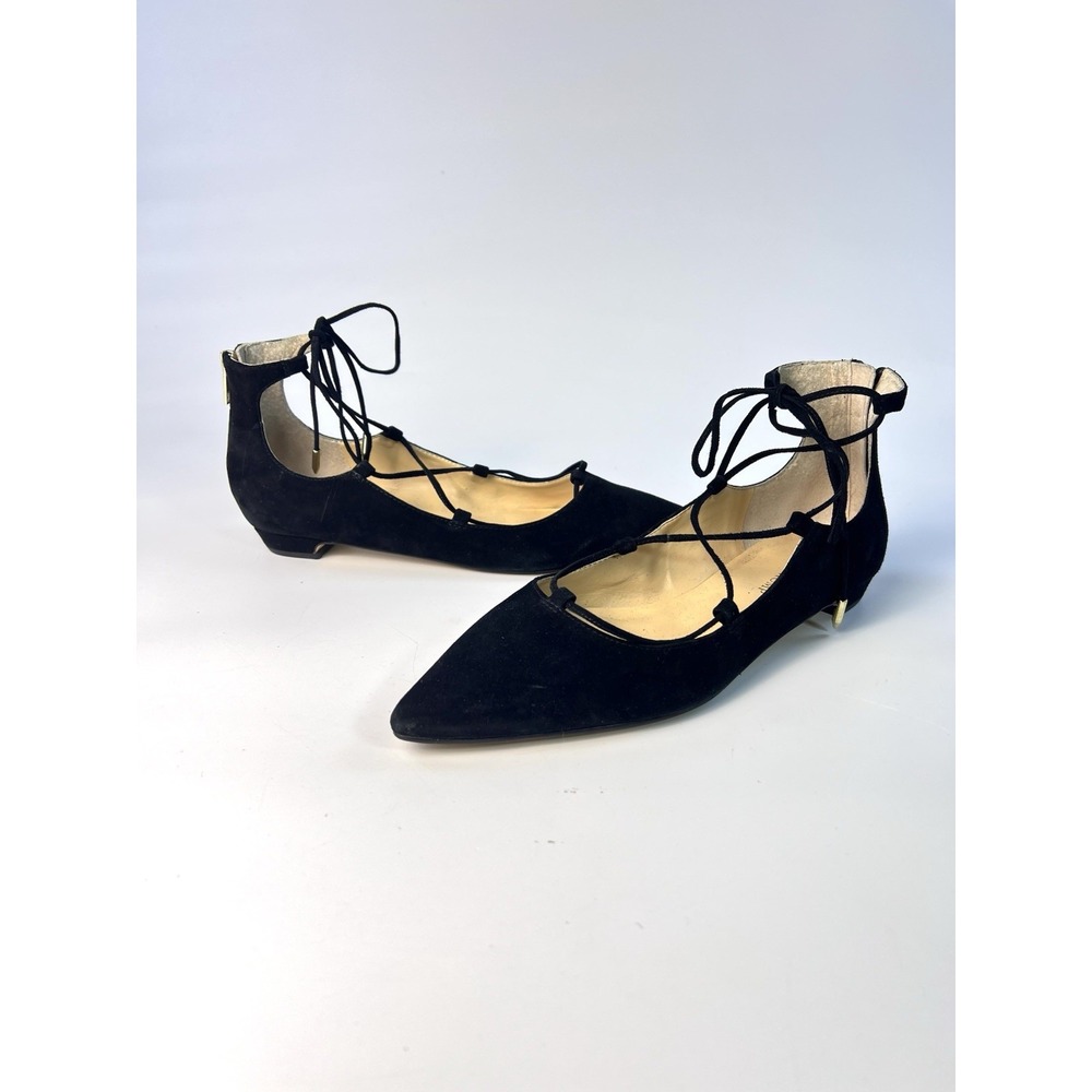 Ivanka Trump Tropica Womens 8.5M Black Suede Pointed Toe Lace Up Ankle Zip Flats